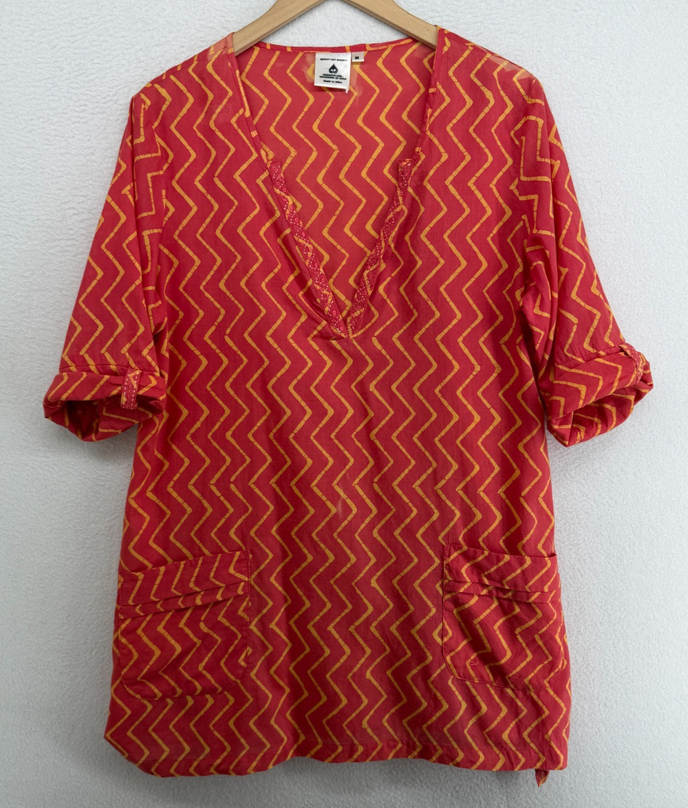 DIGNITY NOT CHARITY Tunic M Handwork Kurta Chevron Deep V-Neck Cuffed Orange